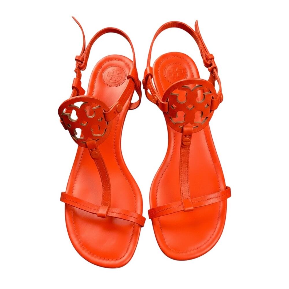 Tory Burch Women’s Orange Leather Logo Medallion T-Strap Wedge Sandals Size 8.5M